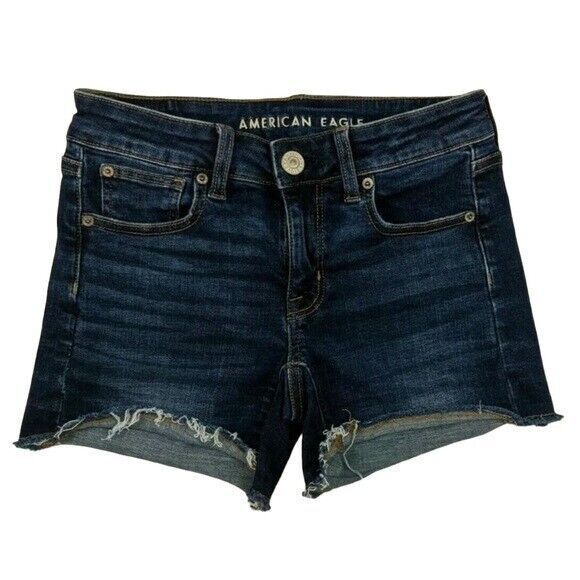 AMERICAN EAGLE Jean Shorts  Women's Size 2  Frayed Super Stretch Denim Shortie - Picture 1 of 8